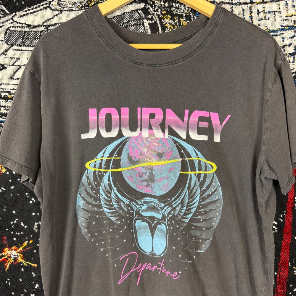 Journey Departure Graphic Tee Faded Black Rock Band T-Shirt Mens Large 21.5x26